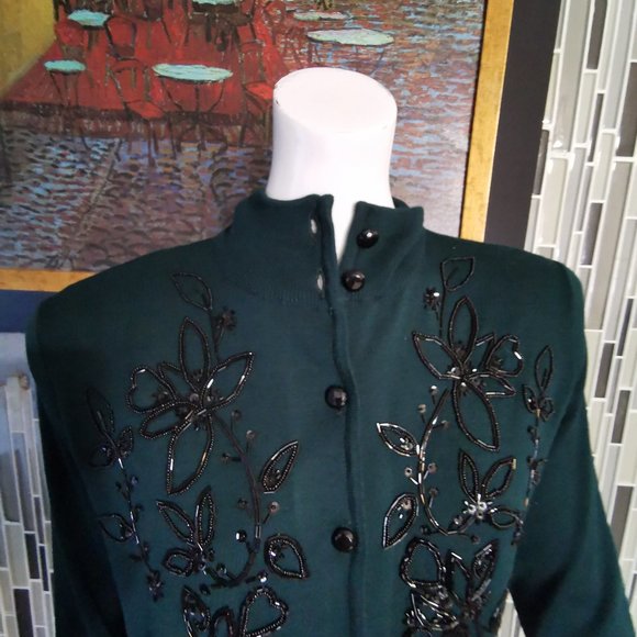 Vtg Liz Claiborne Dark Green wool blend knit dress Button Beaded Embellished M - Picture 3 of 9